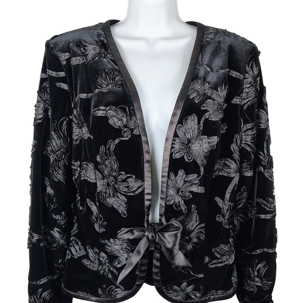 Jackie Jon N Y Black Velvet Blazer 3D Ribbon Floral Tie Front Jacket romantic